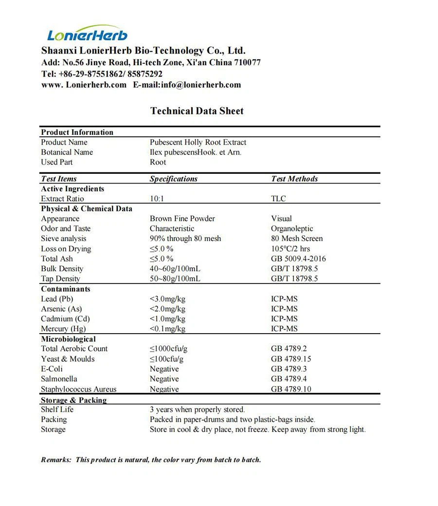 TDS of Pubescent Holly Root Extract